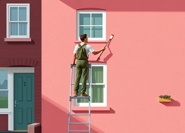 Peintre sur échafaudage traitant la façade d'une maison